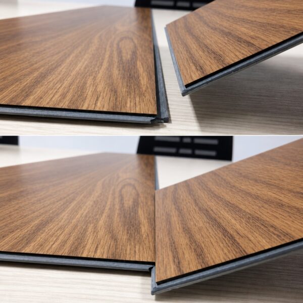 Four wood-look laminate panels with dark edging arranged at angles, showcasing interlocking edges and end alignment on a light table surface (sample boards).